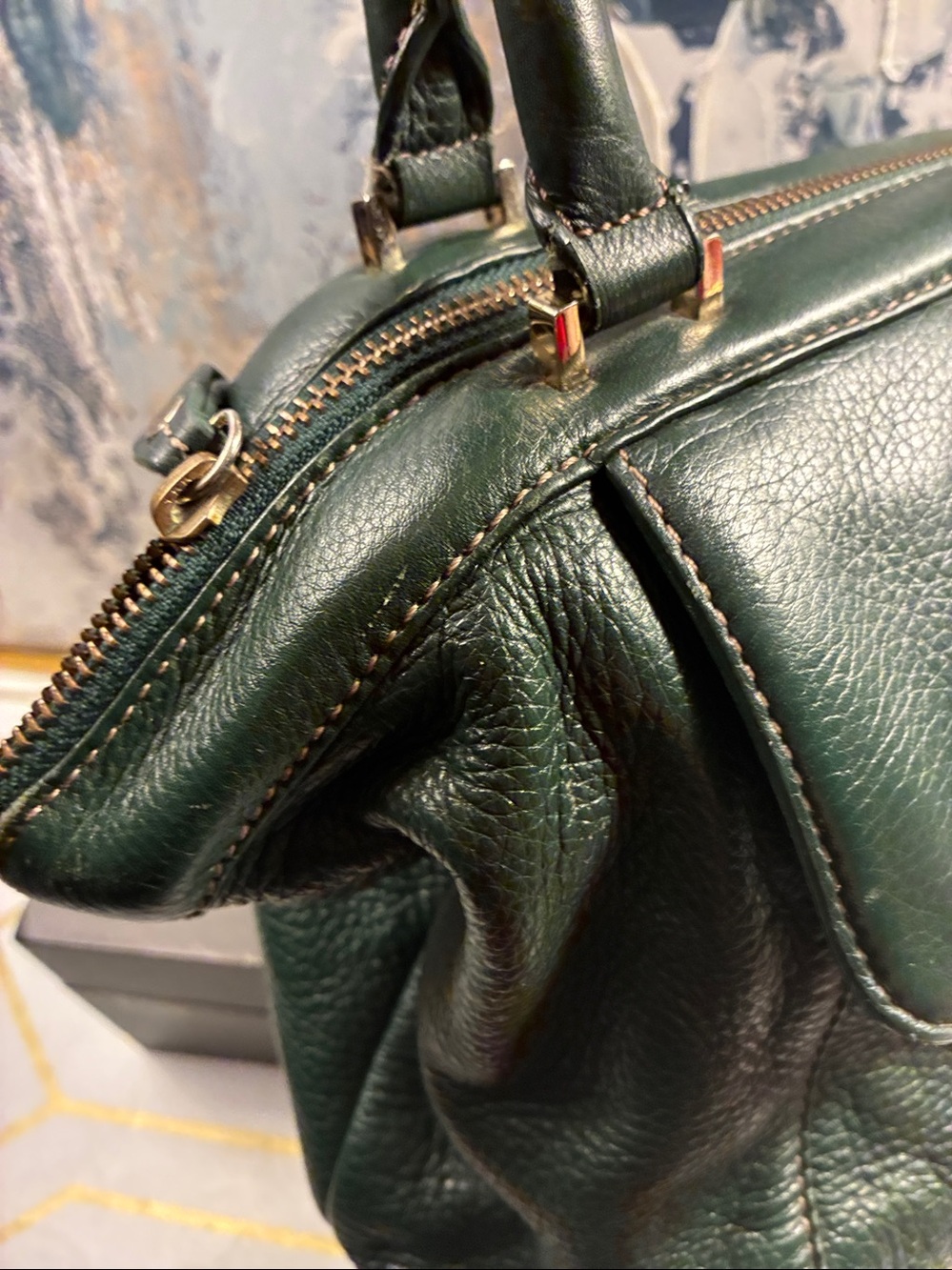 Vintage Liz Claiborne Dark Green Leather Top-Handle Satchel with Gold Hardware - Picture 13 of 15